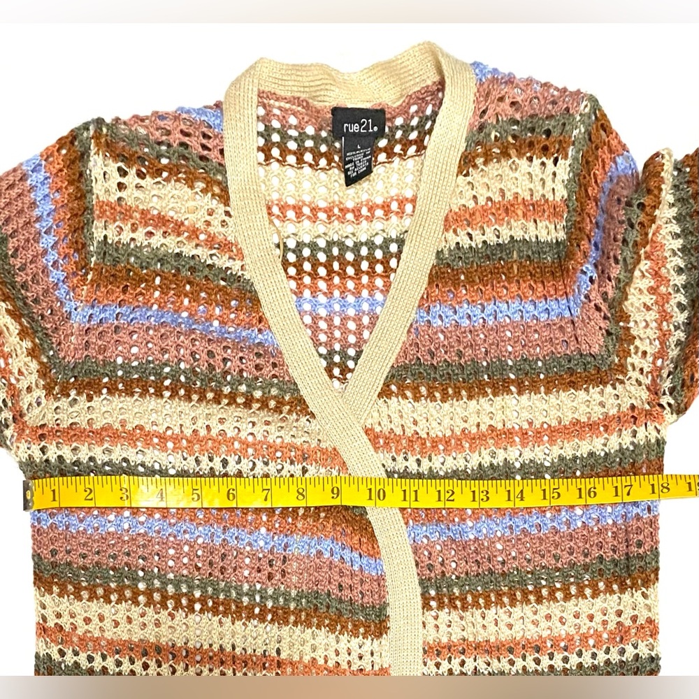 Rue 21 Womens L Brown Tan Stripe Crochet Long Cardigan Sweater Boho Eclectic Y2K - Picture 7 of 10
